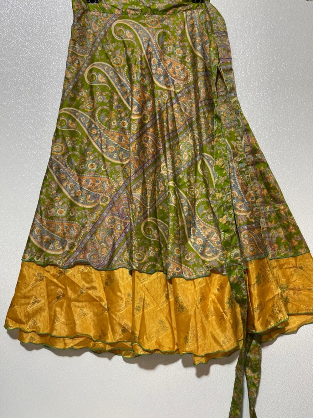 2/$60 SILK Green Paisley Maxi Skirt with Gold Hem Underskirt